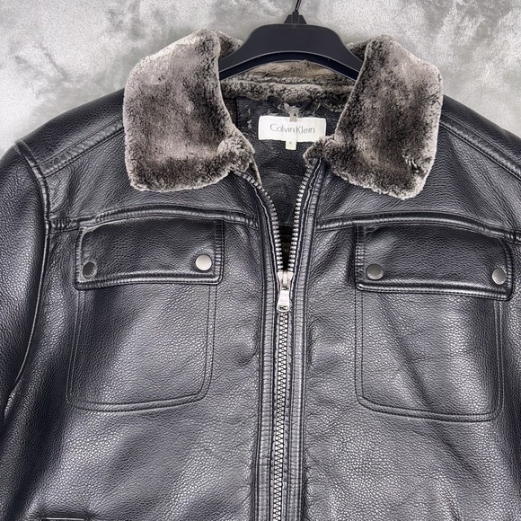 Calvin Klein Other - Calvin Klein Bomber Jacket Black Faux Leather Faux Fur Lined Men's Size XL